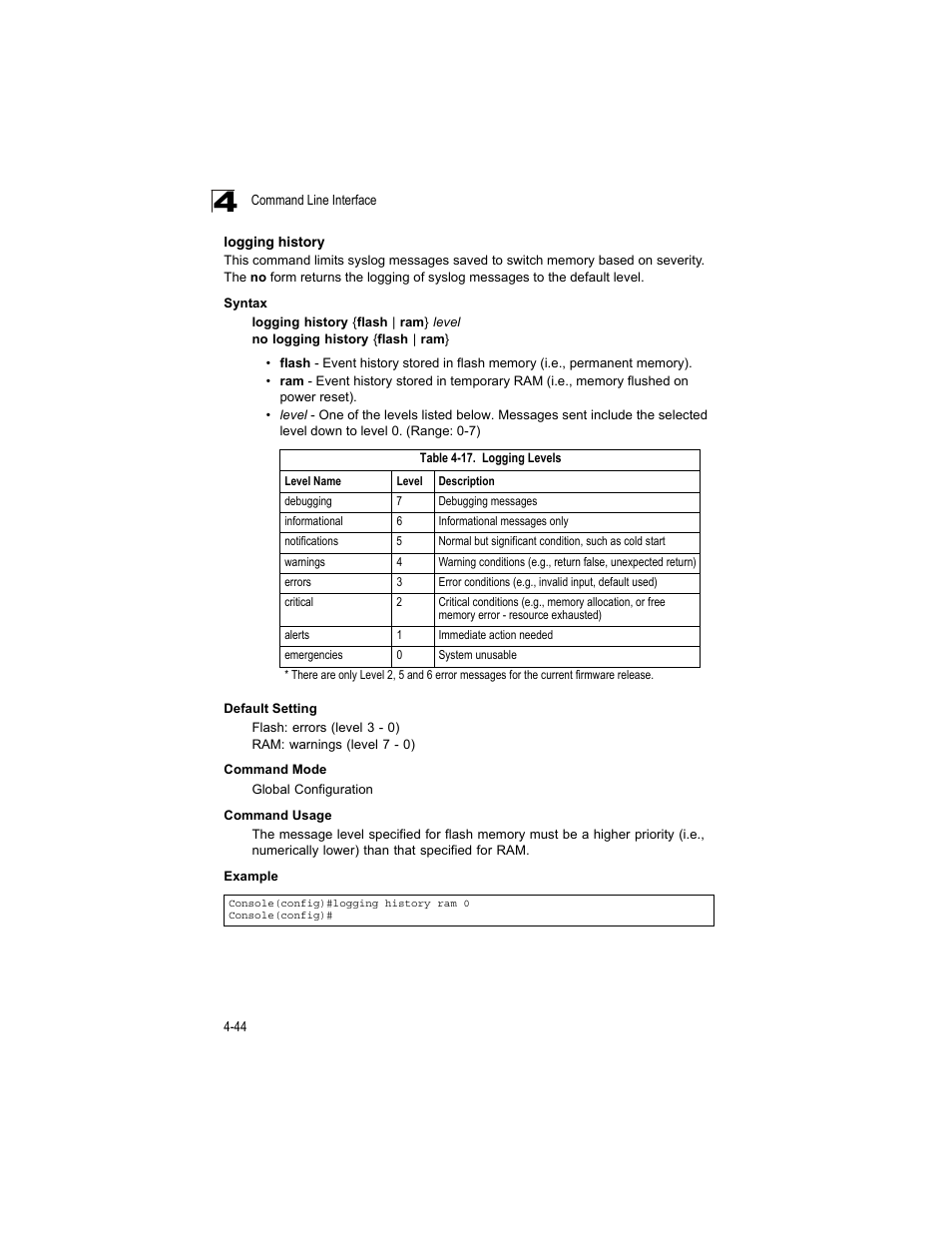 Logging history, Table 4-17, Logging levels | Logging history (4-44) | Accton Technology ES4512C User Manual | Page 234 / 426
