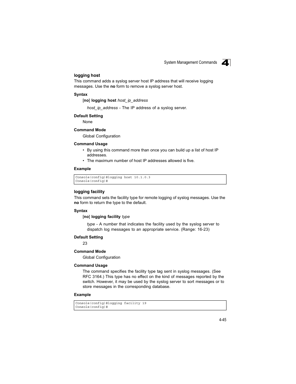 Logging host, Logging facility | Accton Technology ES4512C User Manual | Page 235 / 426