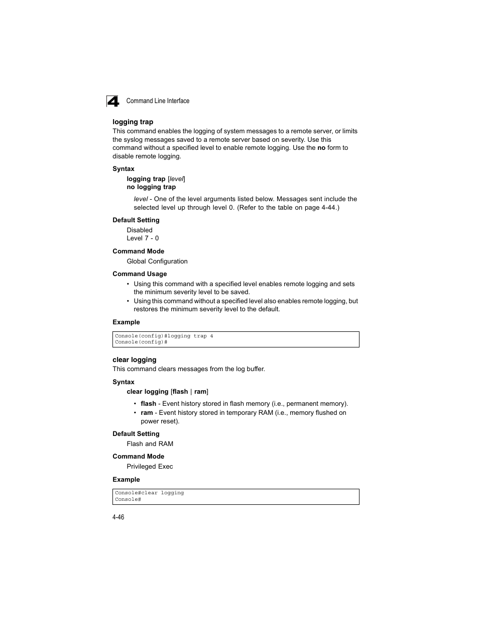Logging trap, Clear logging, Clear logging (4-46) | Accton Technology ES4512C User Manual | Page 236 / 426