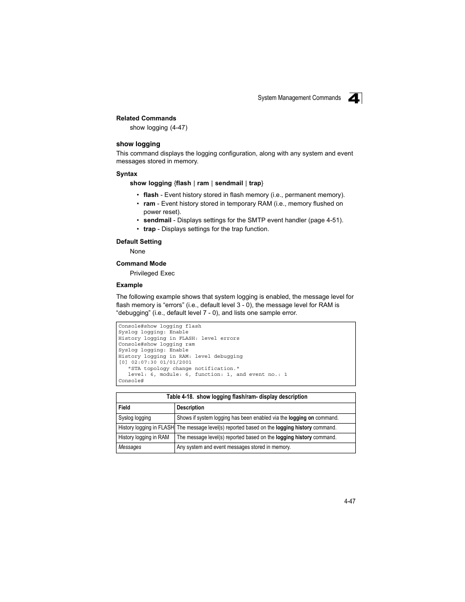 Show logging, Table 4-18, Show logging flash/ram- display description | Accton Technology ES4512C User Manual | Page 237 / 426