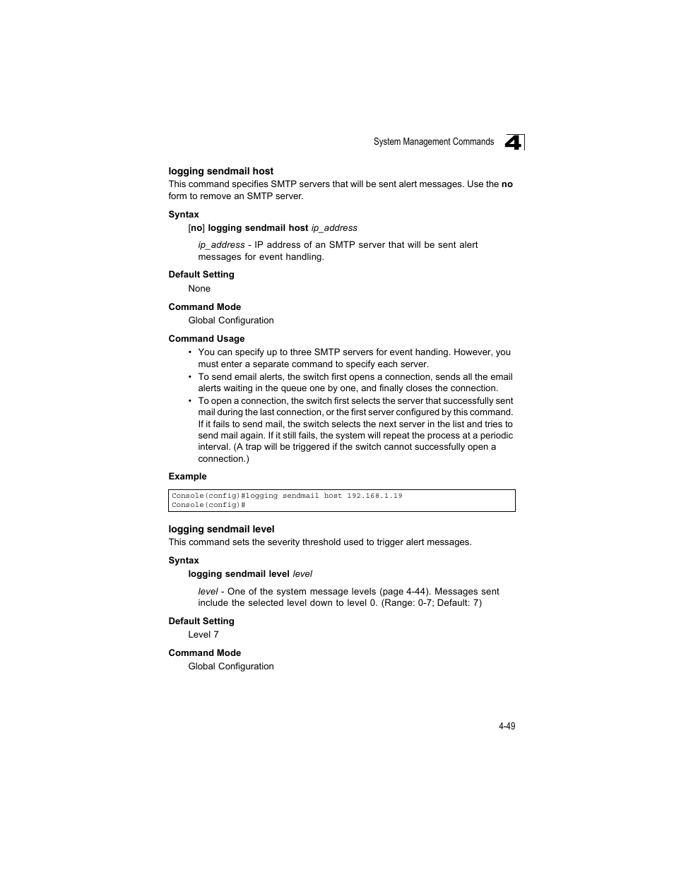 Logging sendmail host, Logging sendmail level | Accton Technology ES4512C User Manual | Page 239 / 426