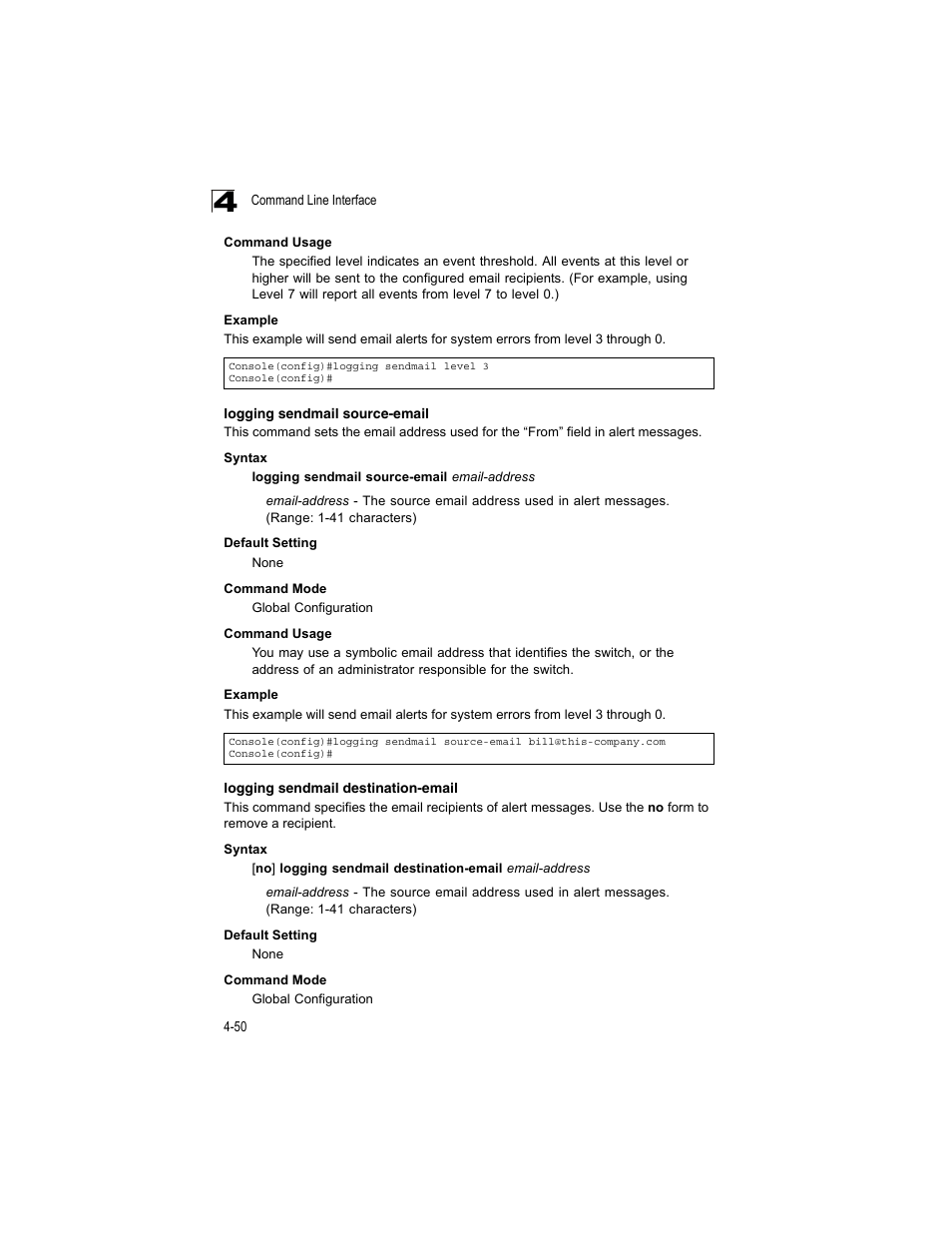 Logging sendmail source-email, Logging sendmail destination-email | Accton Technology ES4512C User Manual | Page 240 / 426