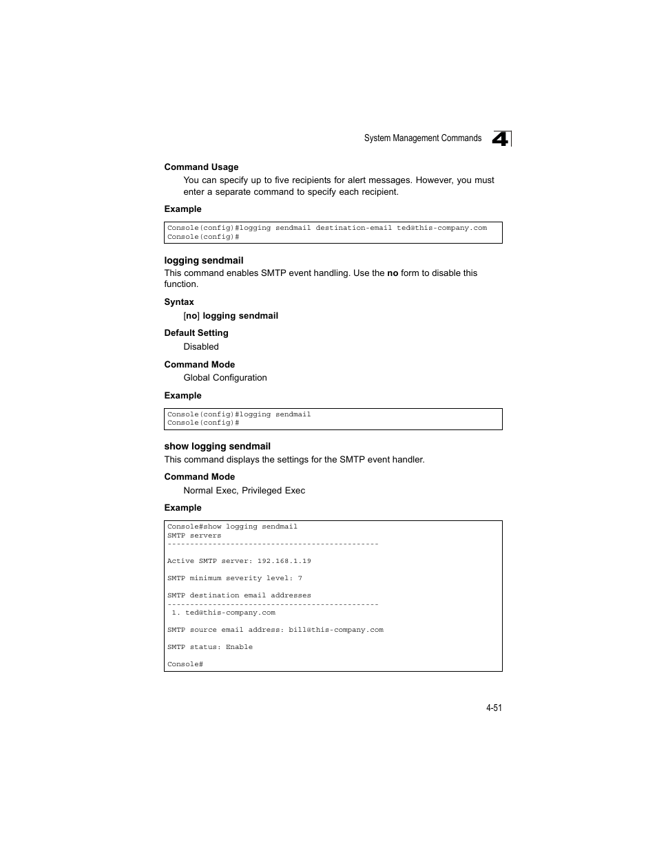Logging sendmail, Show logging sendmail, Show logging sendmail (4-51) | Accton Technology ES4512C User Manual | Page 241 / 426