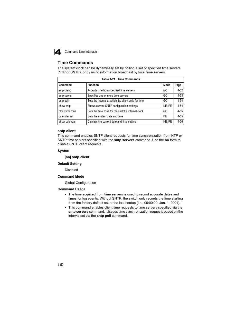 Time commands, Sntp client, Table 4-21 | Accton Technology ES4512C User Manual | Page 242 / 426