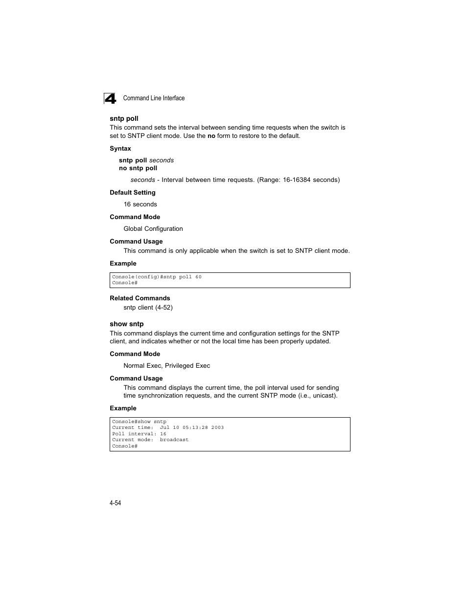 Sntp poll, Show sntp, Sntp poll (4-54) show sntp (4-54) | Accton Technology ES4512C User Manual | Page 244 / 426