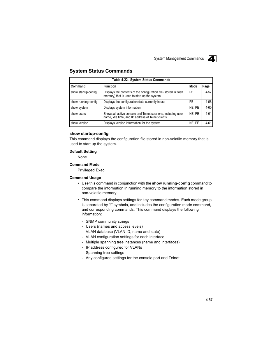 System status commands, Show startup-config, Table 4-22 | Accton Technology ES4512C User Manual | Page 247 / 426