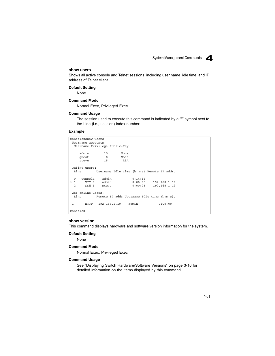 Show users, Show version | Accton Technology ES4512C User Manual | Page 251 / 426
