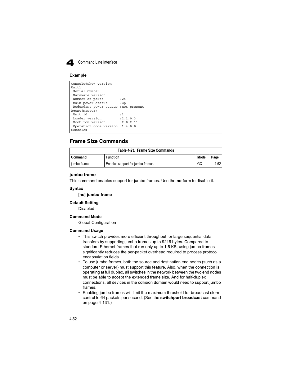 Frame size commands, Jumbo frame, Table 4-23 | Accton Technology ES4512C User Manual | Page 252 / 426
