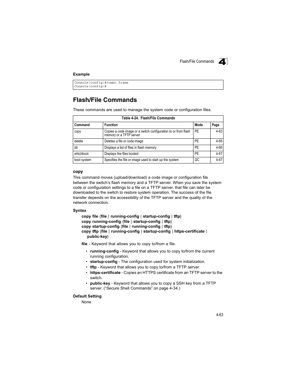 Flash/file commands, Copy, Table 4-24 | Accton Technology ES4512C User Manual | Page 253 / 426