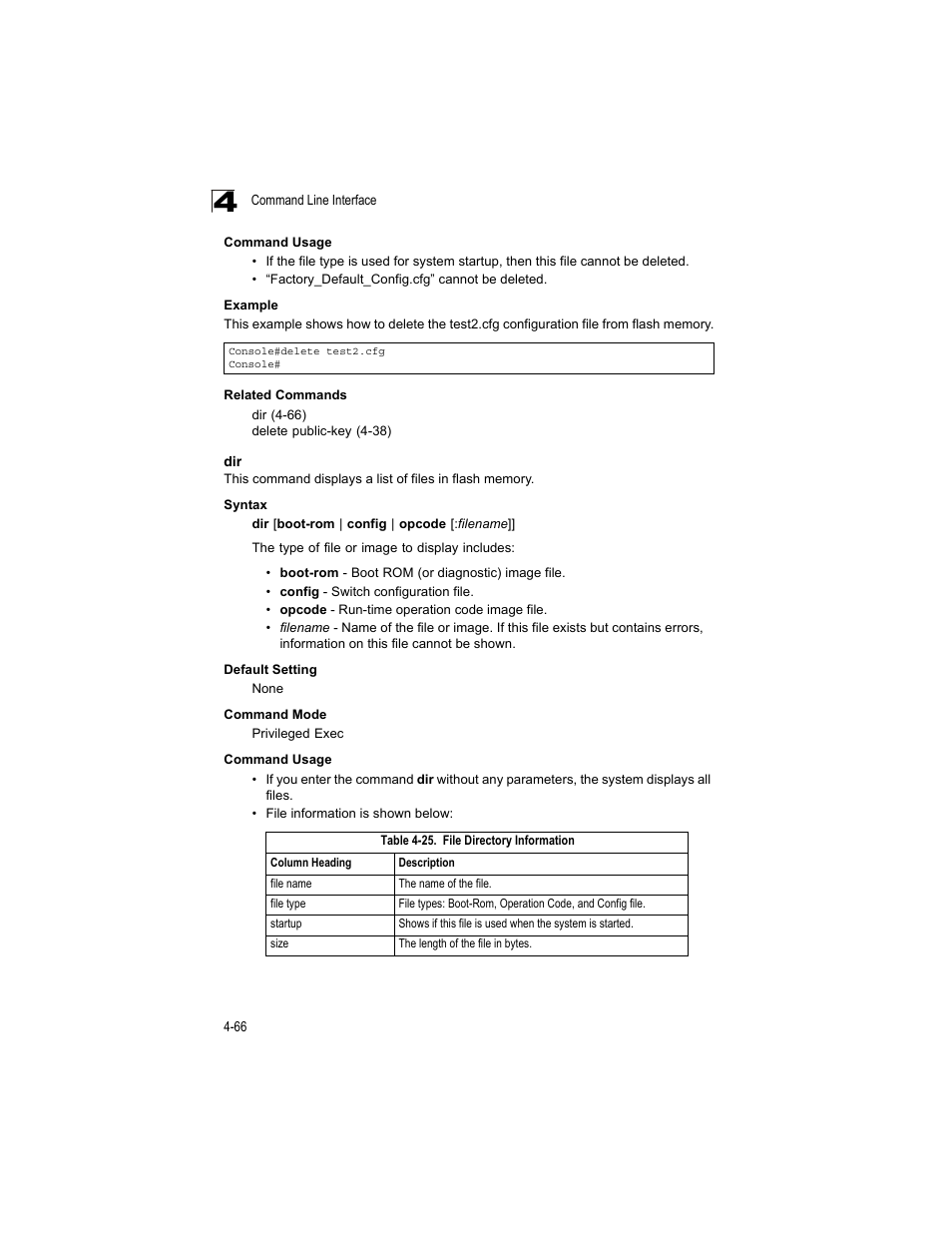Dir 4-66, Table 4-25, File directory information | Accton Technology ES4512C User Manual | Page 256 / 426