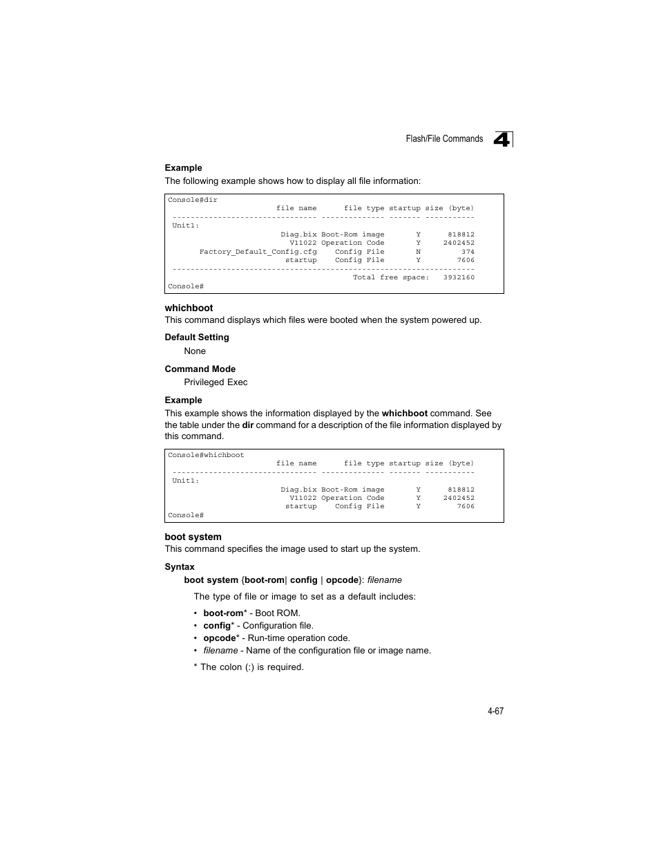 Whichboot, Boot system, Whichboot 4-67 boot system | Accton Technology ES4512C User Manual | Page 257 / 426