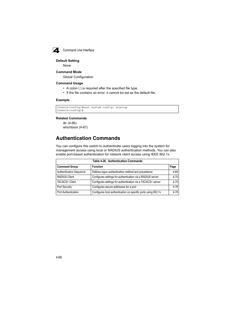 Authentication commands, Table 4-26 | Accton Technology ES4512C User Manual | Page 258 / 426
