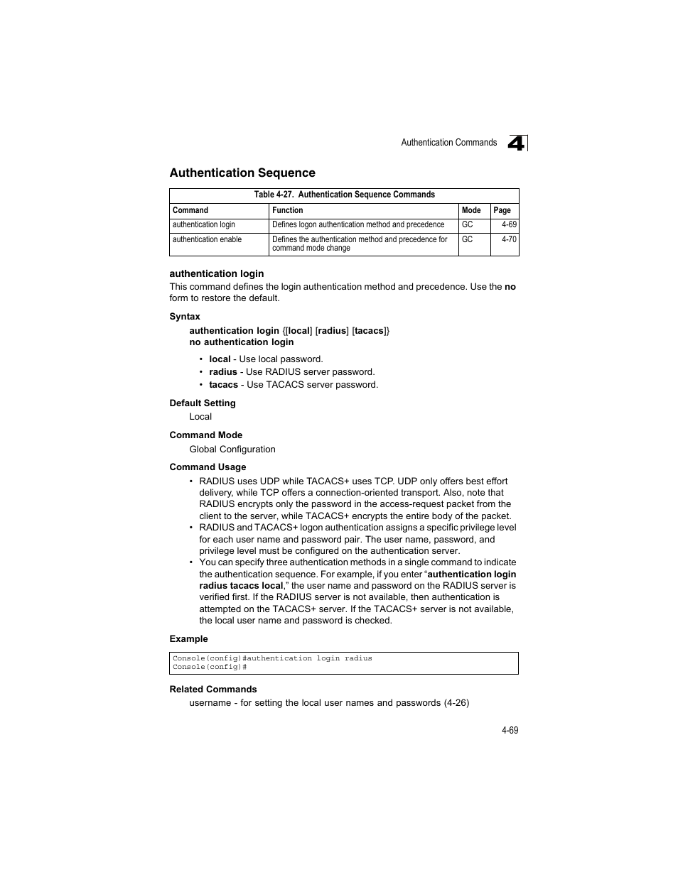Authentication sequence, Authentication login, Table 4-27 | Authentication sequence commands, He authentication login | Accton Technology ES4512C User Manual | Page 259 / 426