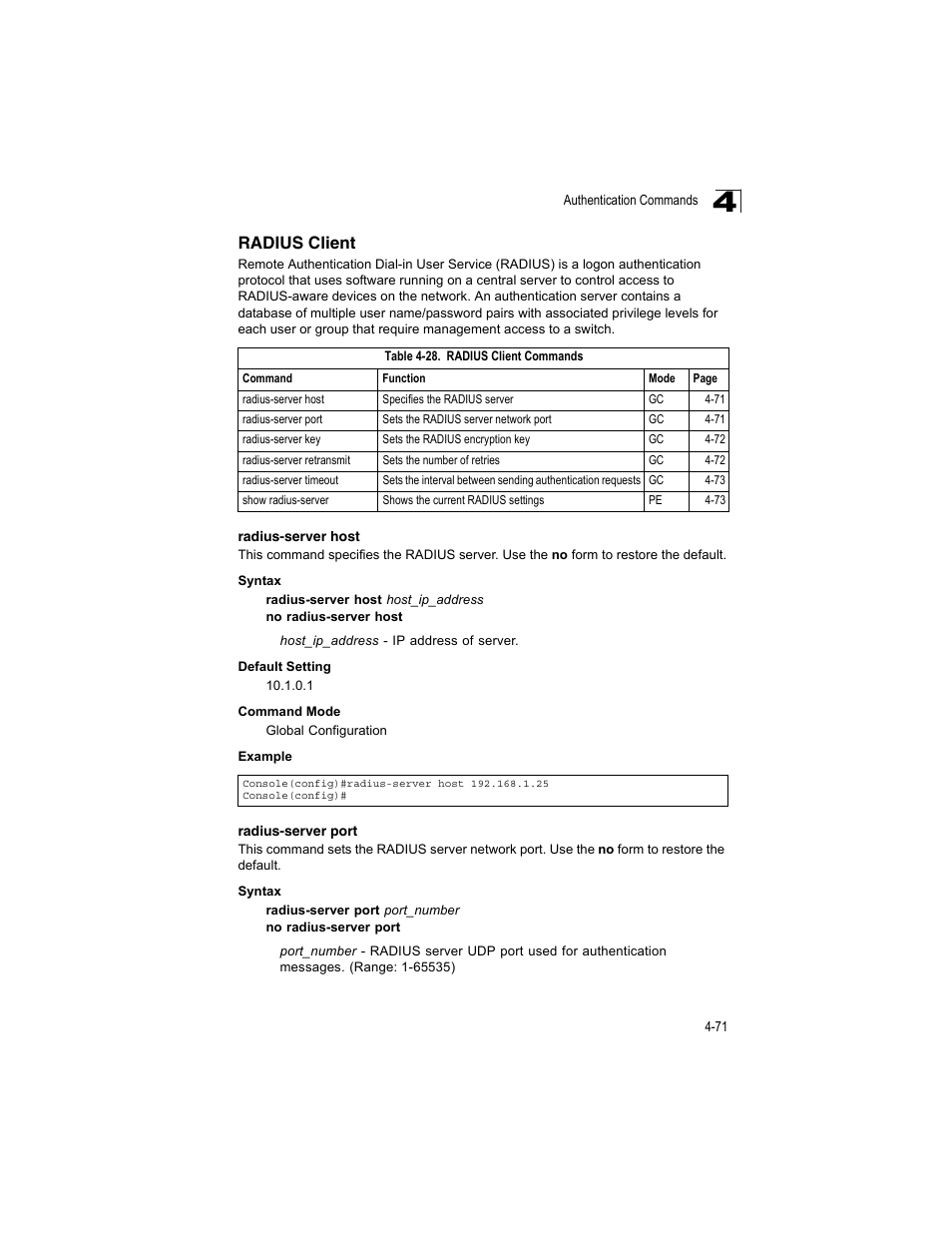 Radius client, Radius-server host, Radius-server port | Table 4-28, Radius client commands | Accton Technology ES4512C User Manual | Page 261 / 426