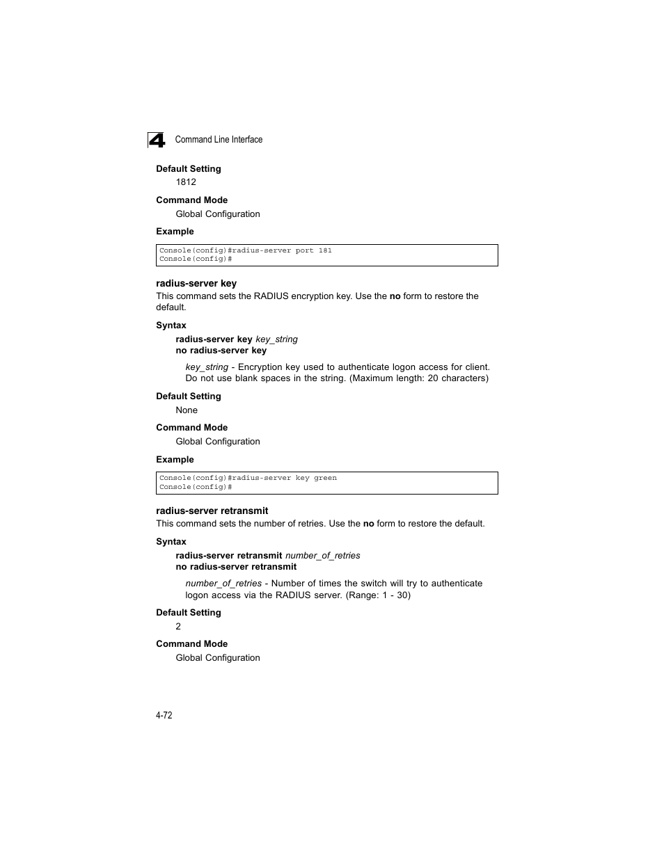 Radius-server key, Radius-server retransmit | Accton Technology ES4512C User Manual | Page 262 / 426