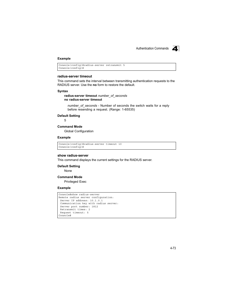 Radius-server timeout, Show radius-server | Accton Technology ES4512C User Manual | Page 263 / 426
