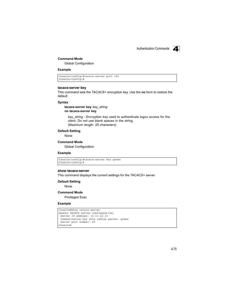 Tacacs-server key, Show tacacs-server | Accton Technology ES4512C User Manual | Page 265 / 426