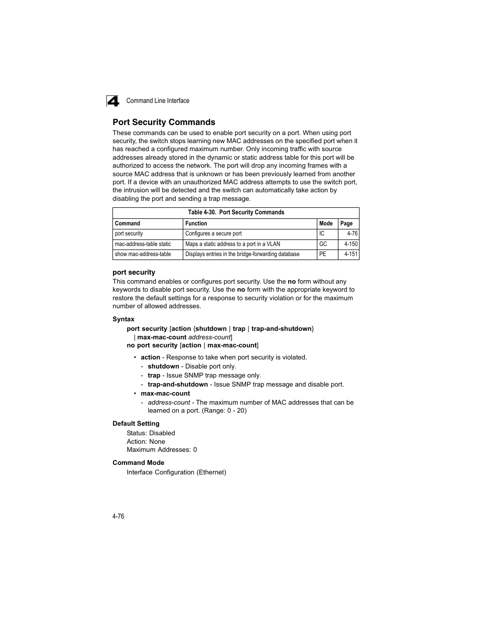 Port security commands, Port security, Table 4-30 | Accton Technology ES4512C User Manual | Page 266 / 426