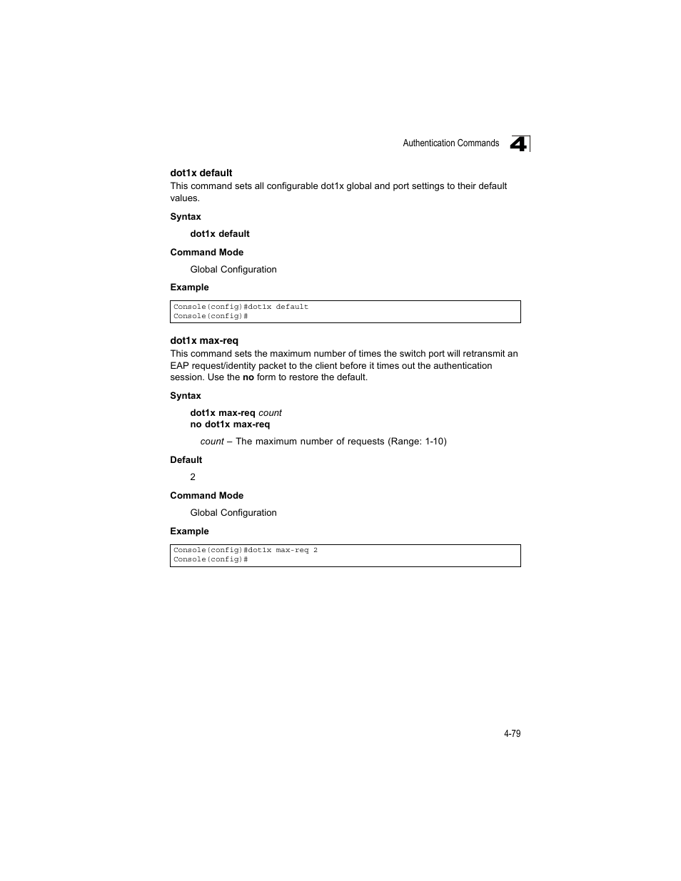 Dot1x default, Dot1x max-req | Accton Technology ES4512C User Manual | Page 269 / 426