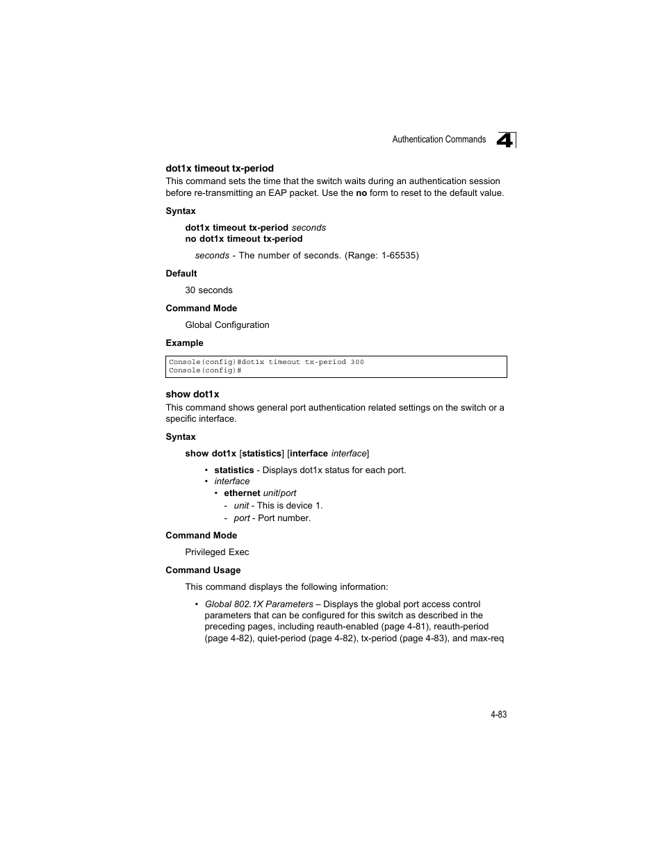 Dot1x timeout tx-period, Show dot1x | Accton Technology ES4512C User Manual | Page 273 / 426