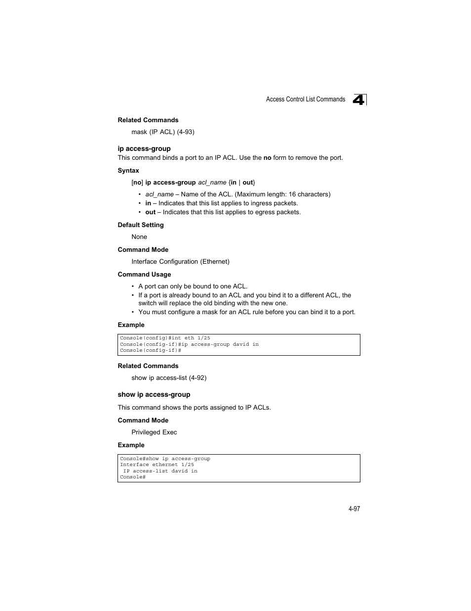 Ip access-group, Show ip access-group, Ip access-group (4-97) | Accton Technology ES4512C User Manual | Page 287 / 426