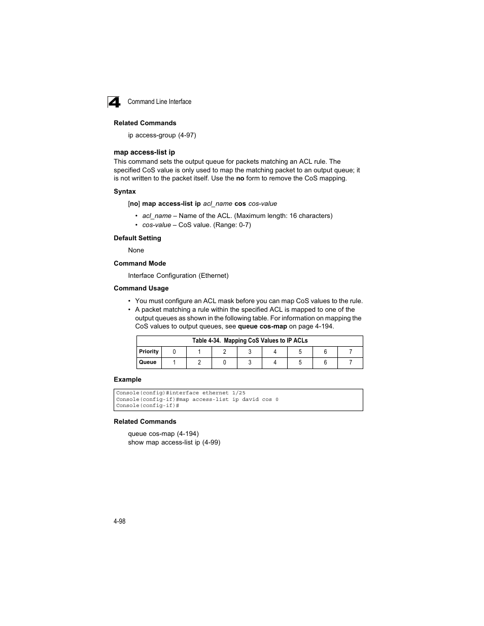 Map access-list ip, Table 4-34, Mapping cos values to ip acls | Accton Technology ES4512C User Manual | Page 288 / 426