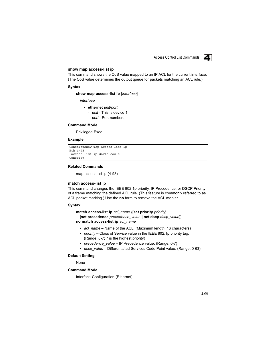 Show map access-list ip, Match access-list ip, Show map access-list ip (4-99) | Accton Technology ES4512C User Manual | Page 289 / 426