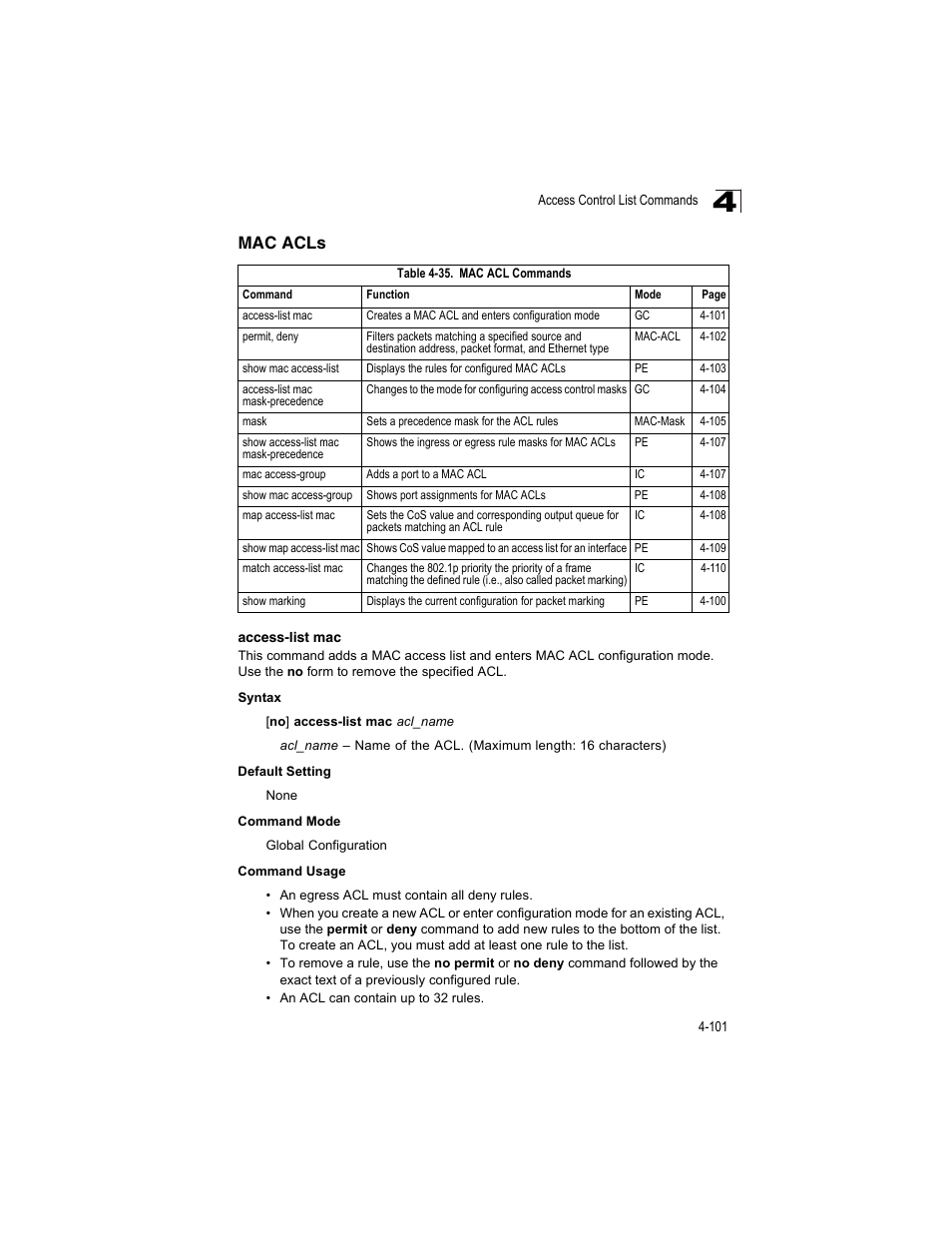 Mac acls, Access-list mac, Table 4-35 | Mac acl commands | Accton Technology ES4512C User Manual | Page 291 / 426