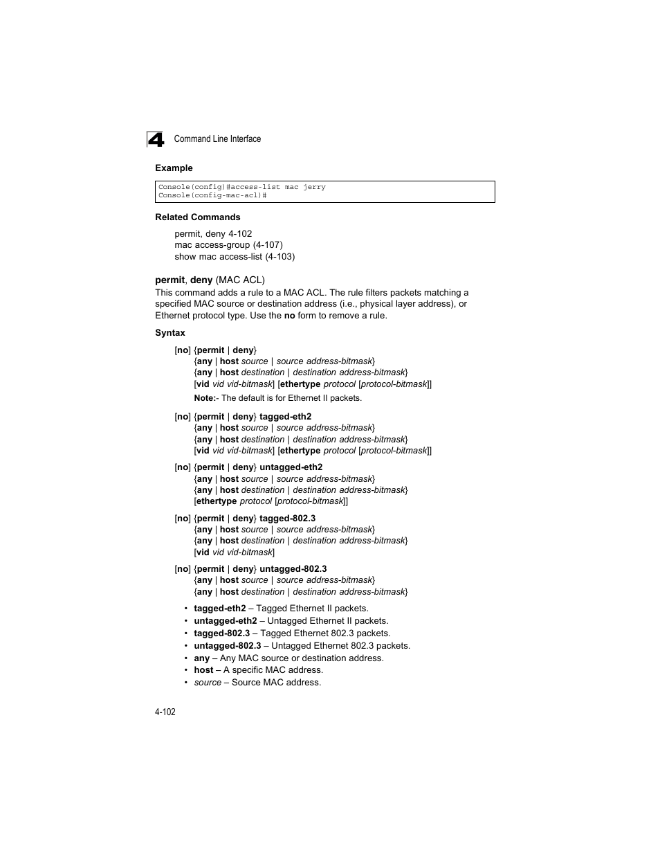 Permit, deny (mac acl) | Accton Technology ES4512C User Manual | Page 292 / 426