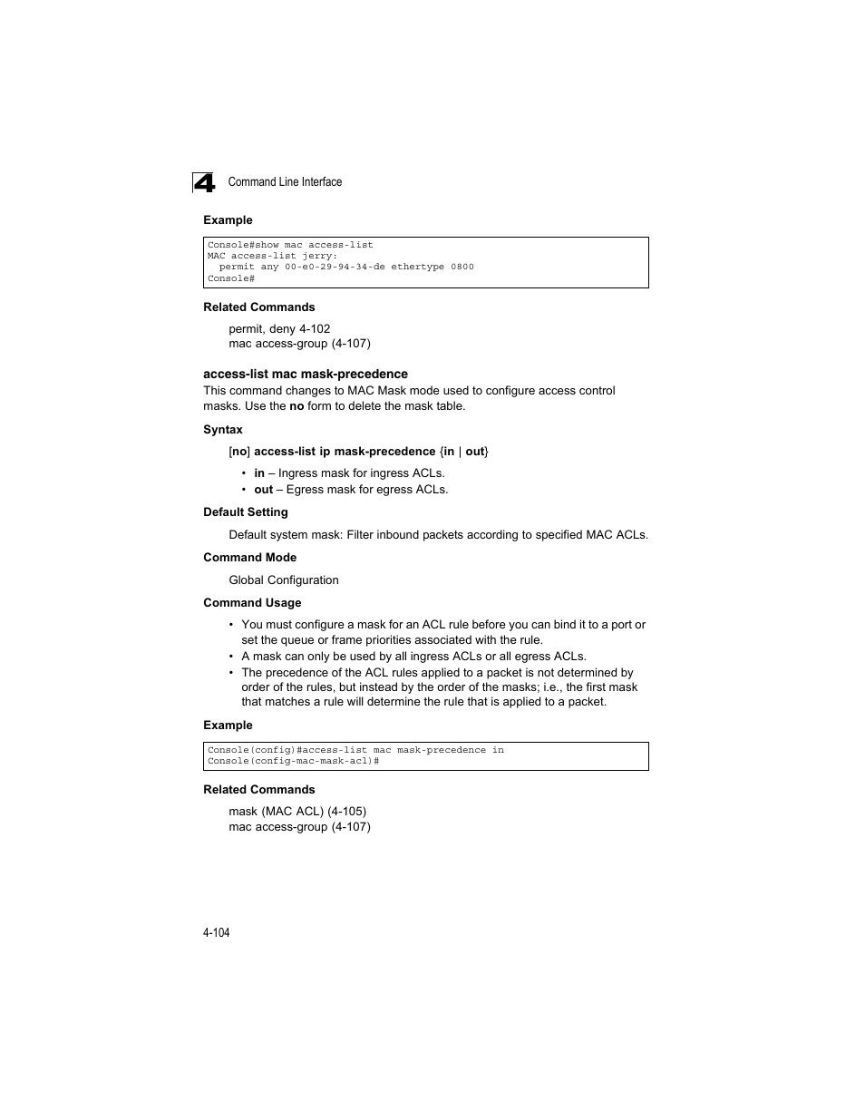 Access-list mac mask-precedence | Accton Technology ES4512C User Manual | Page 294 / 426