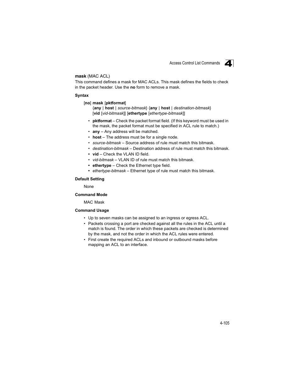 Mask (mac acl), Ff any vid 4-105, Mask (mac acl) (4-105) | Accton Technology ES4512C User Manual | Page 295 / 426