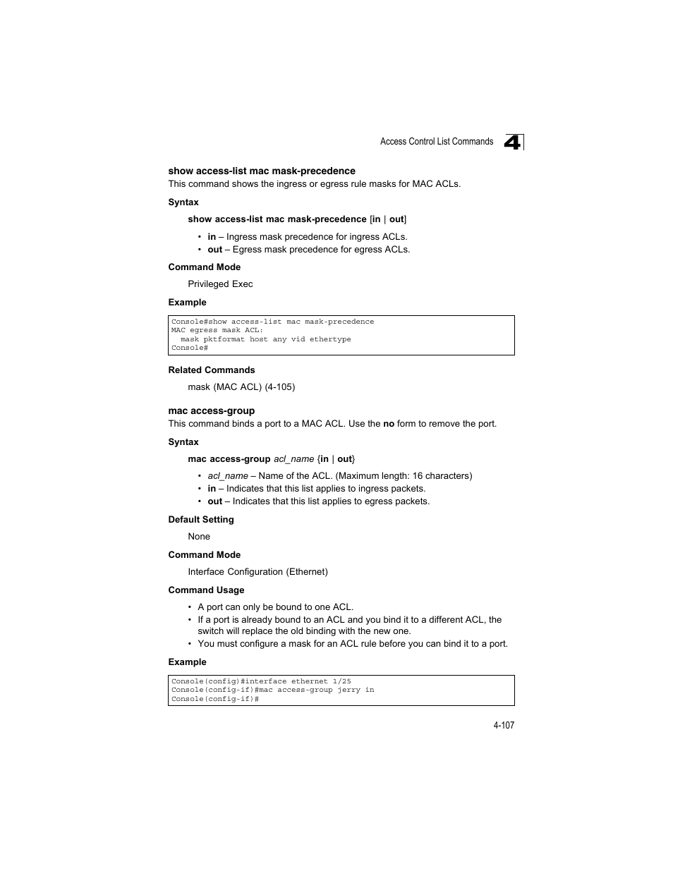 Show access-list mac mask-precedence, Mac access-group, Mac access-group (4-107) | Accton Technology ES4512C User Manual | Page 297 / 426