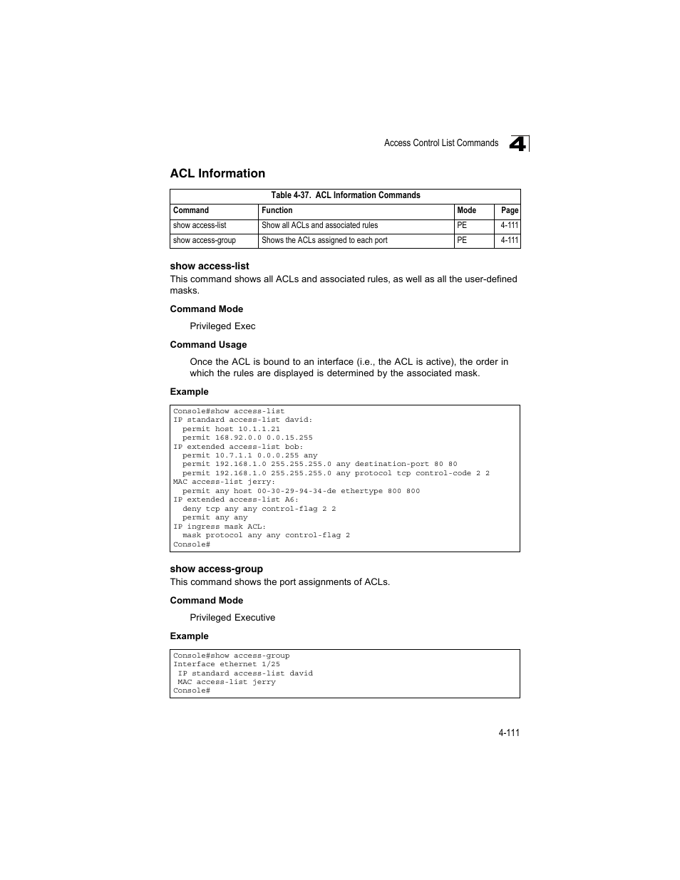 Acl information, Show access-list, Show access-group | Table 4-37, Acl information commands | Accton Technology ES4512C User Manual | Page 301 / 426