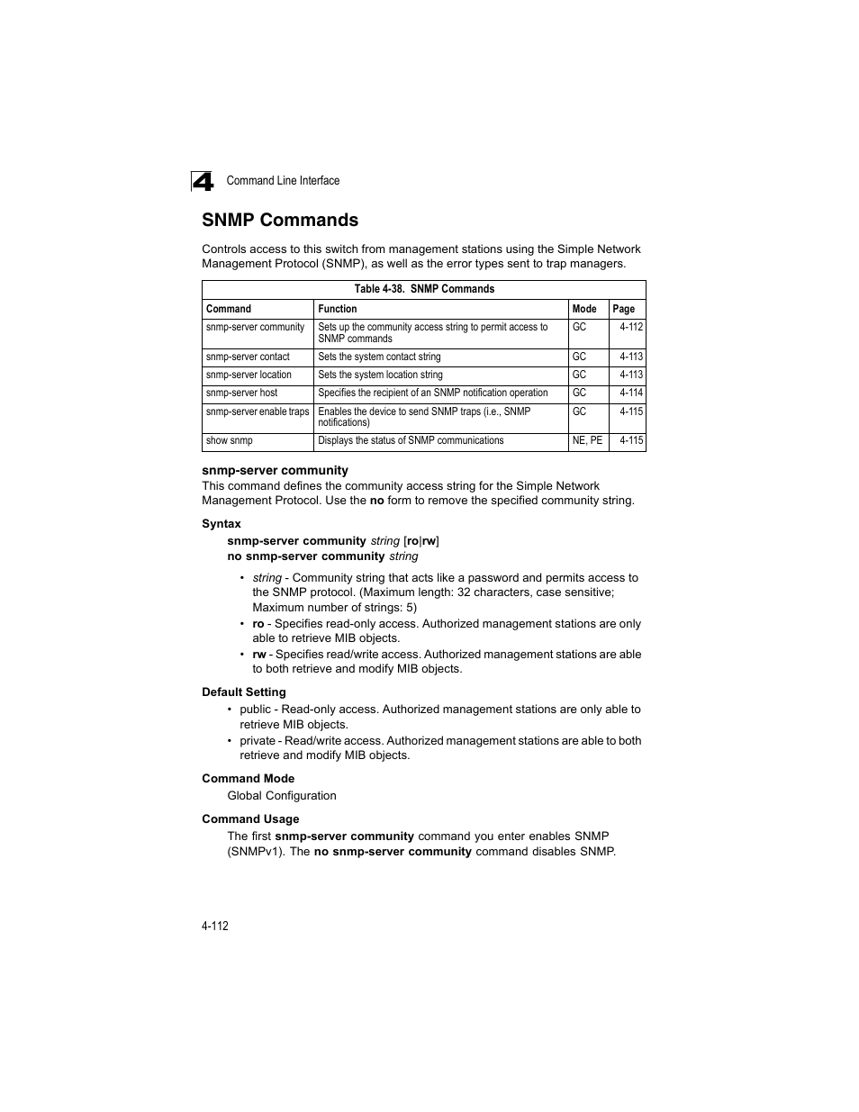 Snmp commands, Snmp-server community, Table 4-38 | Accton Technology ES4512C User Manual | Page 302 / 426