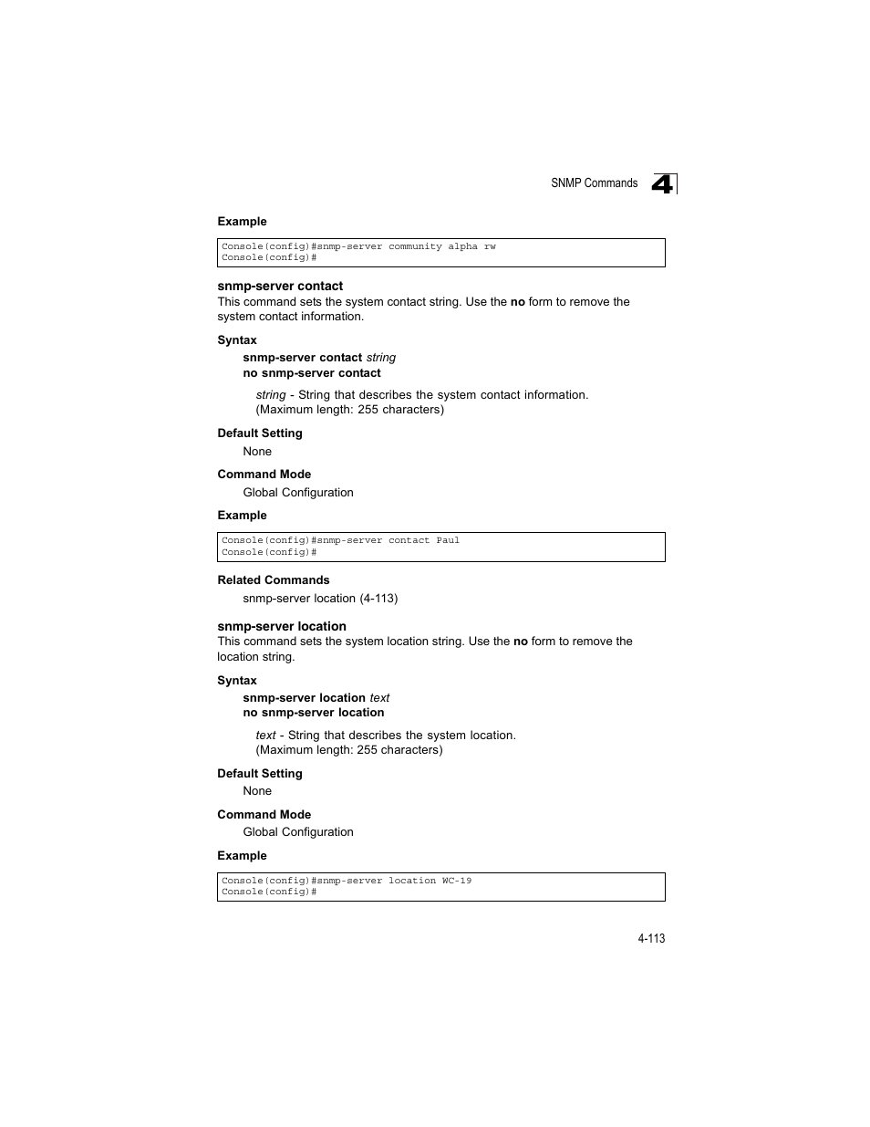 Snmp-server contact, Snmp-server location | Accton Technology ES4512C User Manual | Page 303 / 426