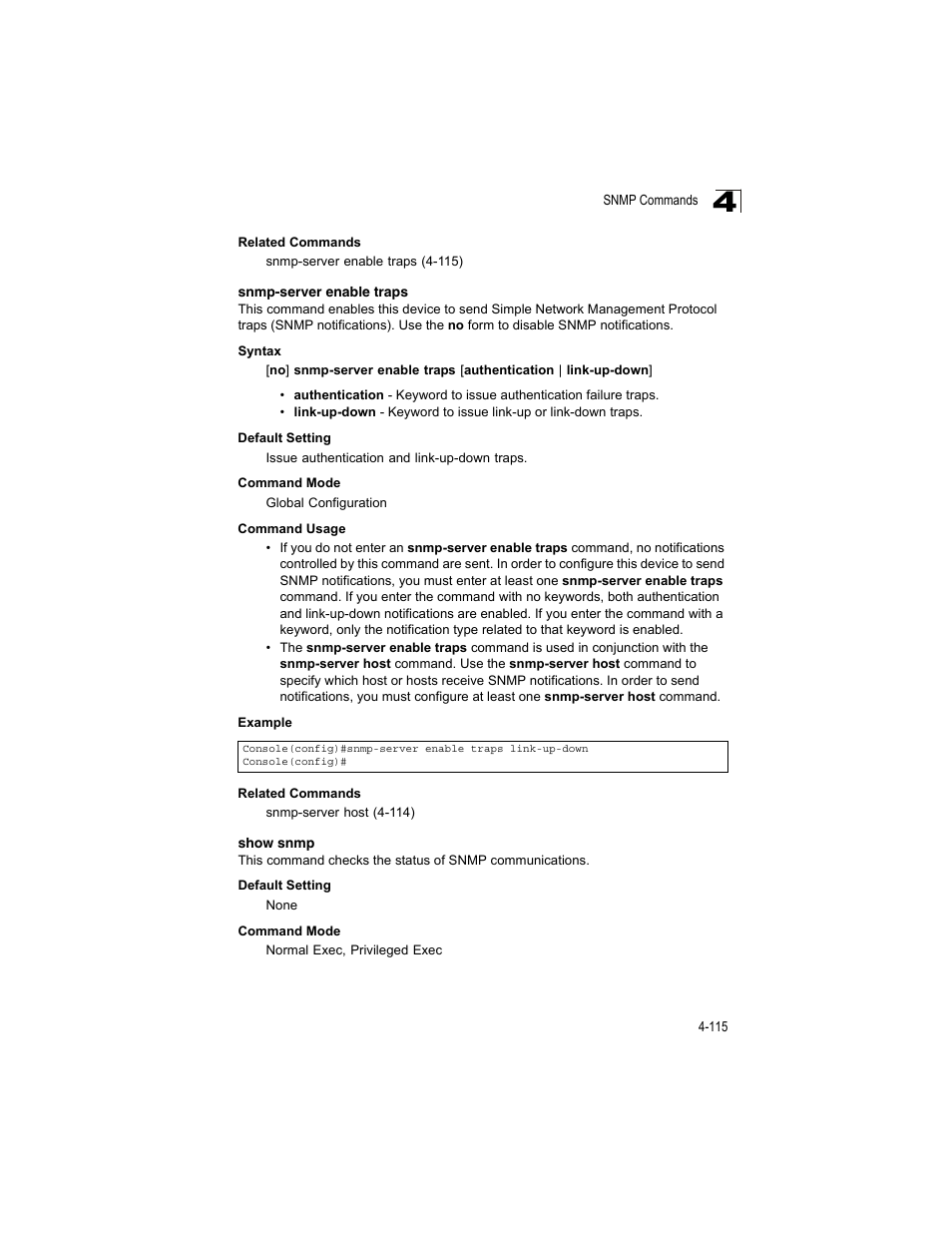 Snmp-server enable traps, Show snmp | Accton Technology ES4512C User Manual | Page 305 / 426