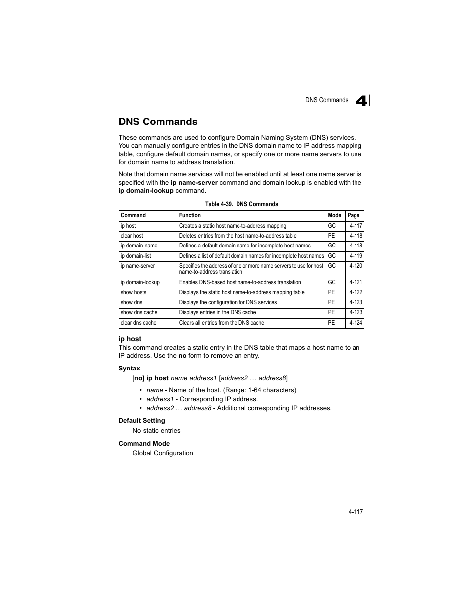 Dns commands, Ip host, Table 4-39 | Accton Technology ES4512C User Manual | Page 307 / 426