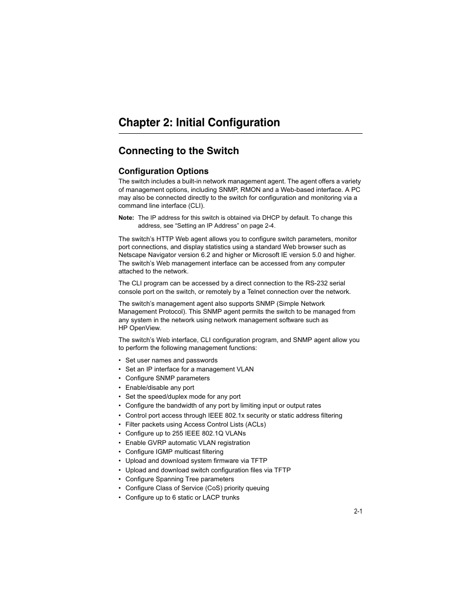 Chapter 2: initial configuration, Connecting to the switch, Configuration options | Accton Technology ES4512C User Manual | Page 31 / 426