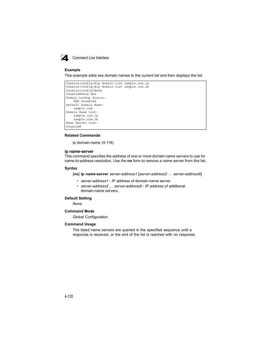 Ip name-server, E ip name-server, Ip name-server (4-120) | Accton Technology ES4512C User Manual | Page 310 / 426