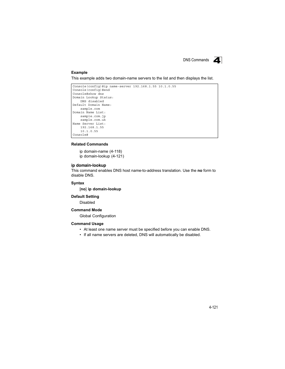 Ip domain-lookup, Ip domain-lookup co, Ip domain-lookup (4-121) | Accton Technology ES4512C User Manual | Page 311 / 426