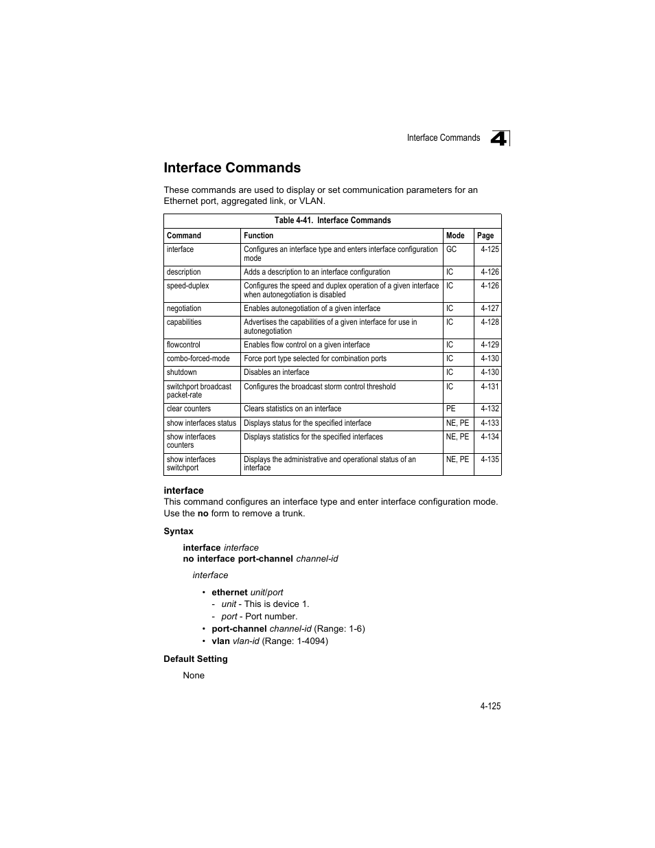 Interface commands, Interface, Interface 4-123 | Table 4-41 | Accton Technology ES4512C User Manual | Page 315 / 426