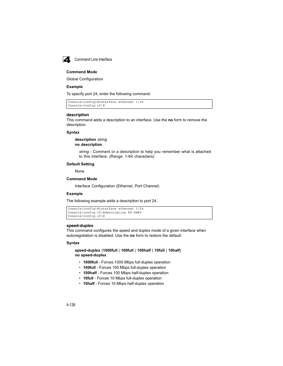 Description, Speed-duplex, Description 4-124 speed-duplex 4-124 | Accton Technology ES4512C User Manual | Page 316 / 426