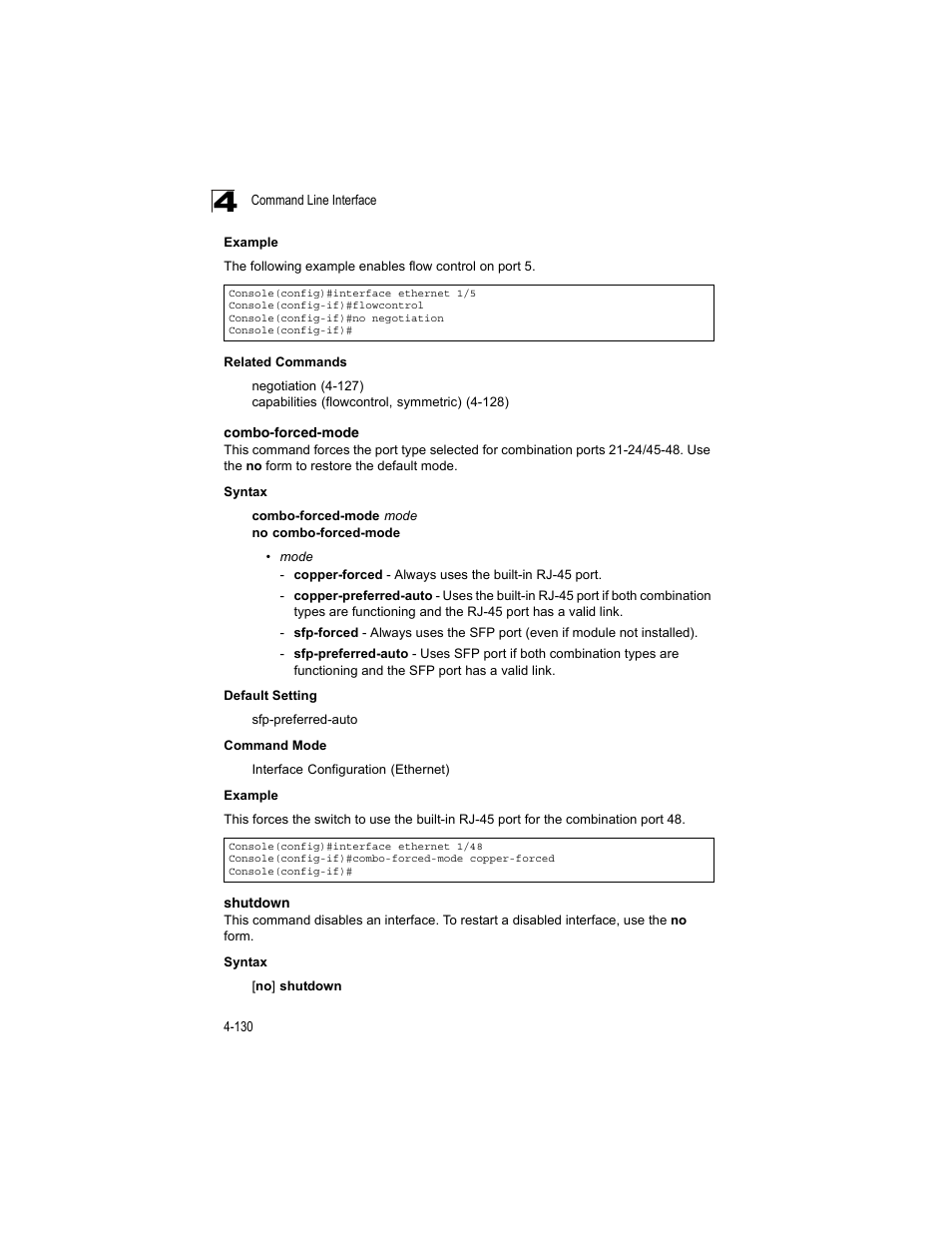 Combo-forced-mode, Shutdown, Combo-forced-mode 4-128 shutdown 4-128 | Shutdown co, Shutdown (4-130) | Accton Technology ES4512C User Manual | Page 320 / 426