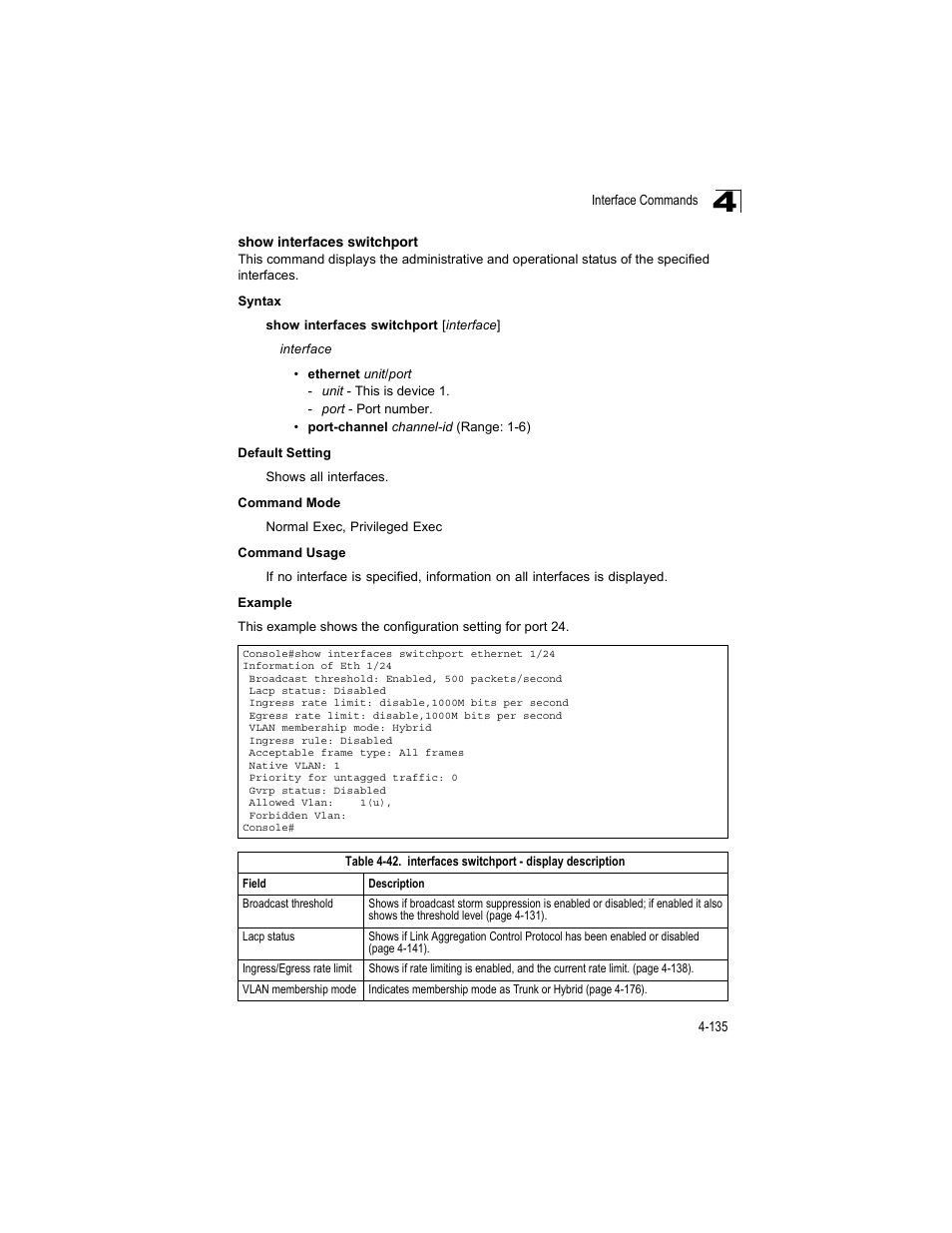 Show interfaces switchport, Table 4-42, Interfaces switchport - display description | Accton Technology ES4512C User Manual | Page 325 / 426