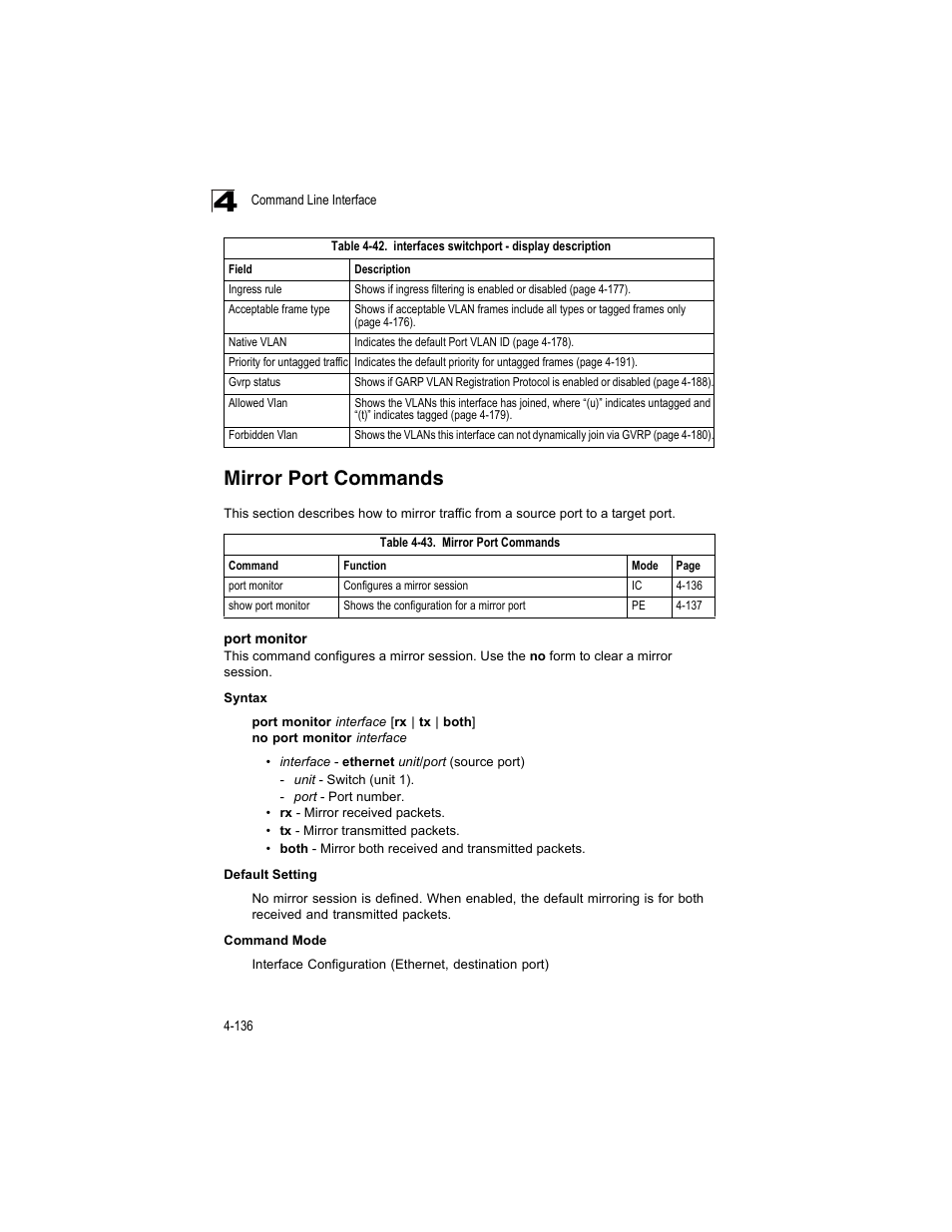 Mirror port commands, Port monitor, Table 4-43 | Accton Technology ES4512C User Manual | Page 326 / 426