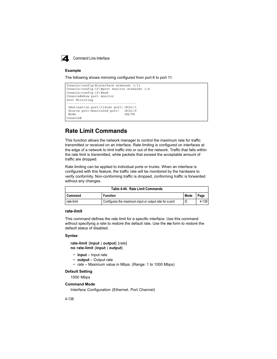 Rate limit commands, Rate-limit, Rate-limit 4-136 | Table 4-44 | Accton Technology ES4512C User Manual | Page 328 / 426