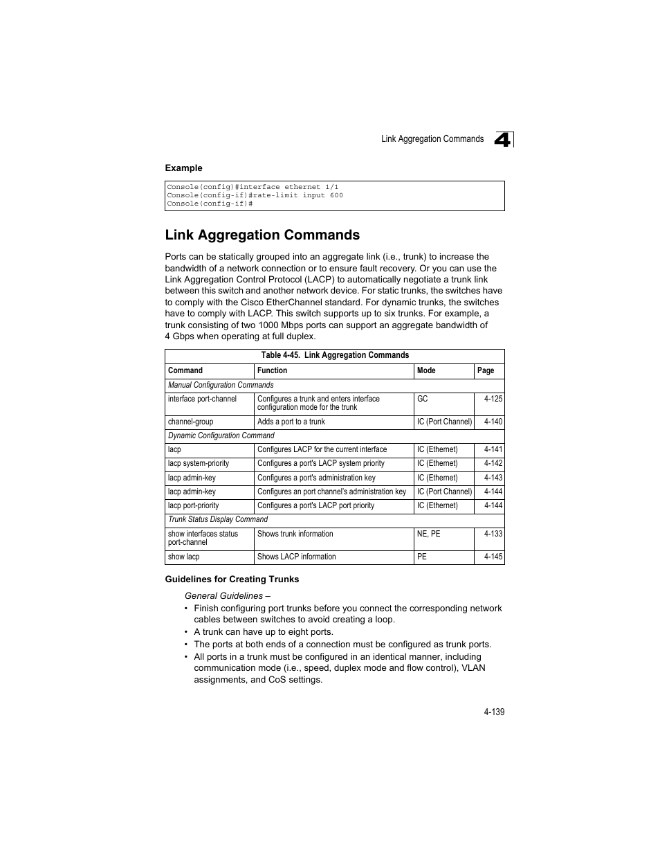 Link aggregation commands, Table 4-45 | Accton Technology ES4512C User Manual | Page 329 / 426