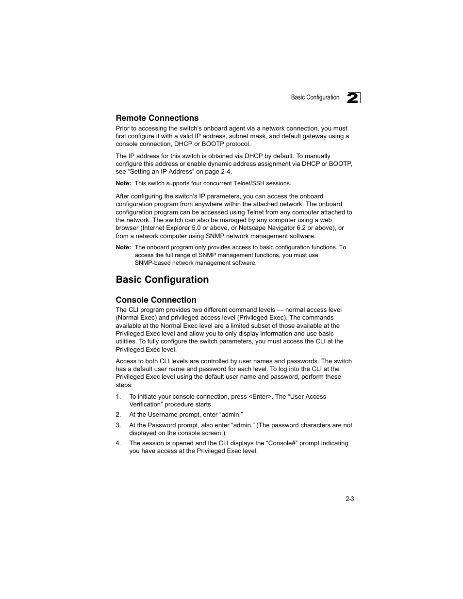 Remote connections, Basic configuration, Console connection | Accton Technology ES4512C User Manual | Page 33 / 426