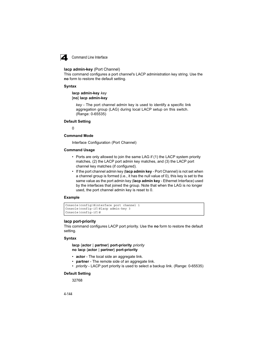 Lacp admin-key (port channel), Lacp port-priority | Accton Technology ES4512C User Manual | Page 334 / 426