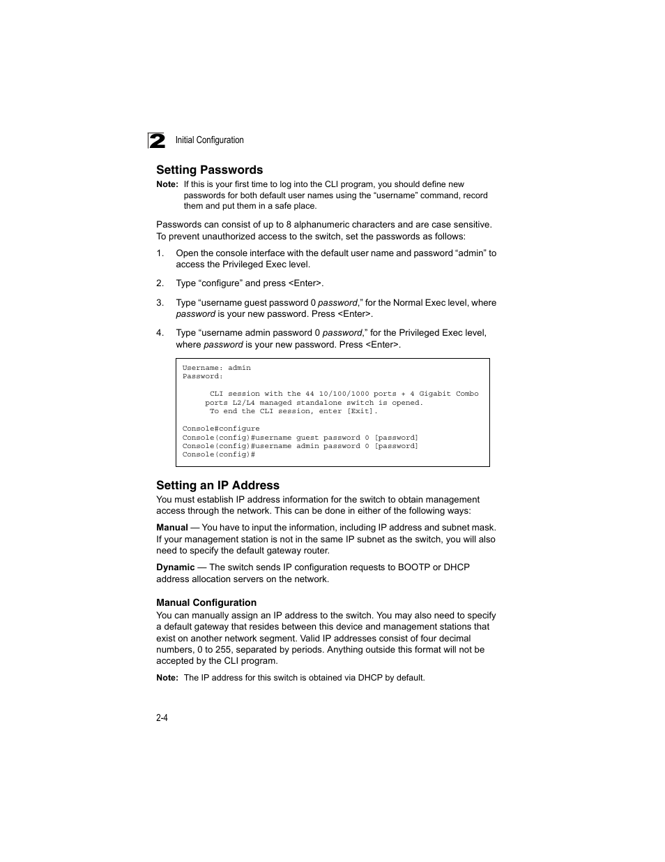 Setting passwords, Setting an ip address, Manual configuration | Accton Technology ES4512C User Manual | Page 34 / 426